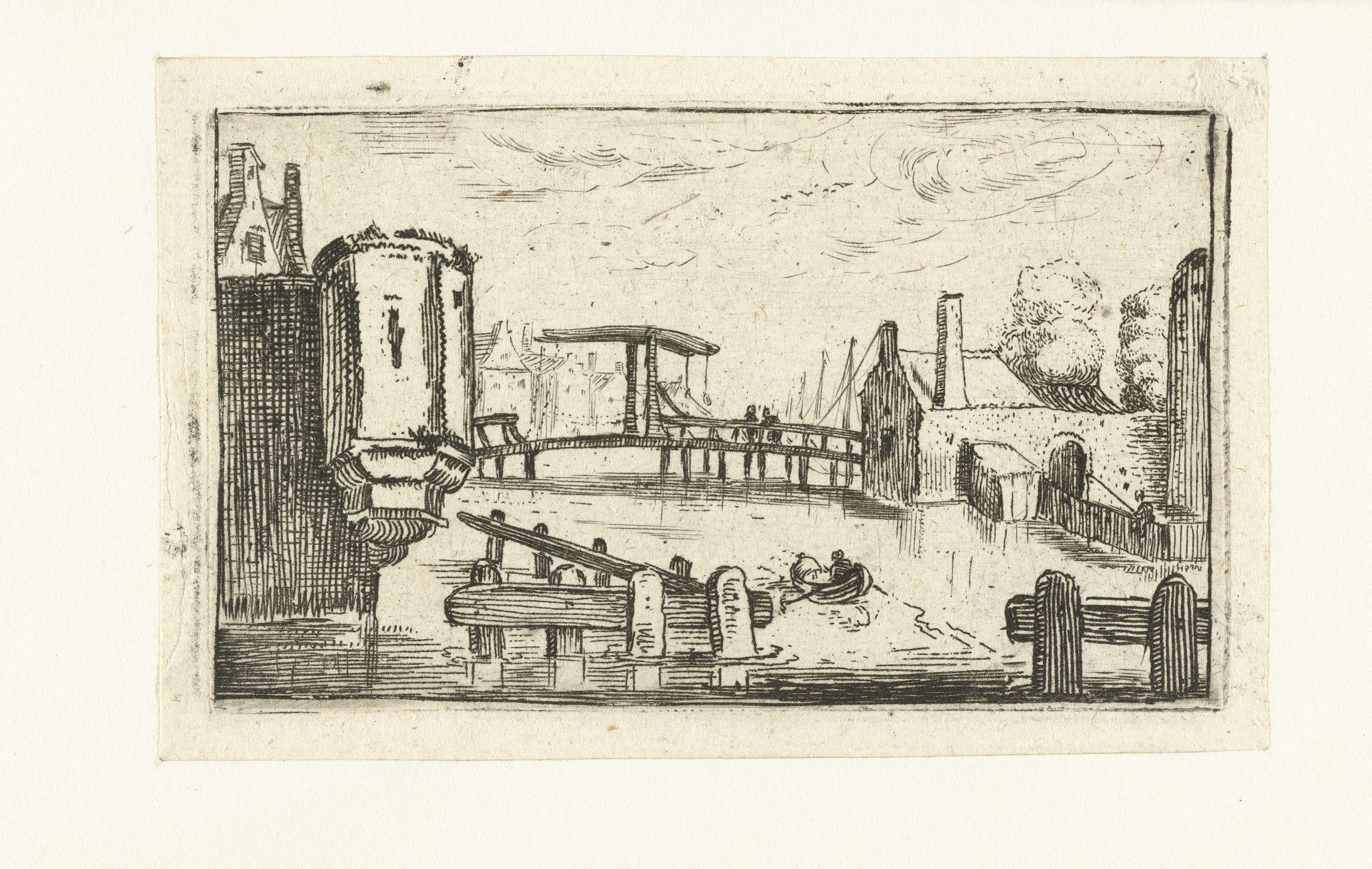 Gracht met ophaalbrug in een stad, etching by Esaias van de Velde depicting a canal and drawbridge.