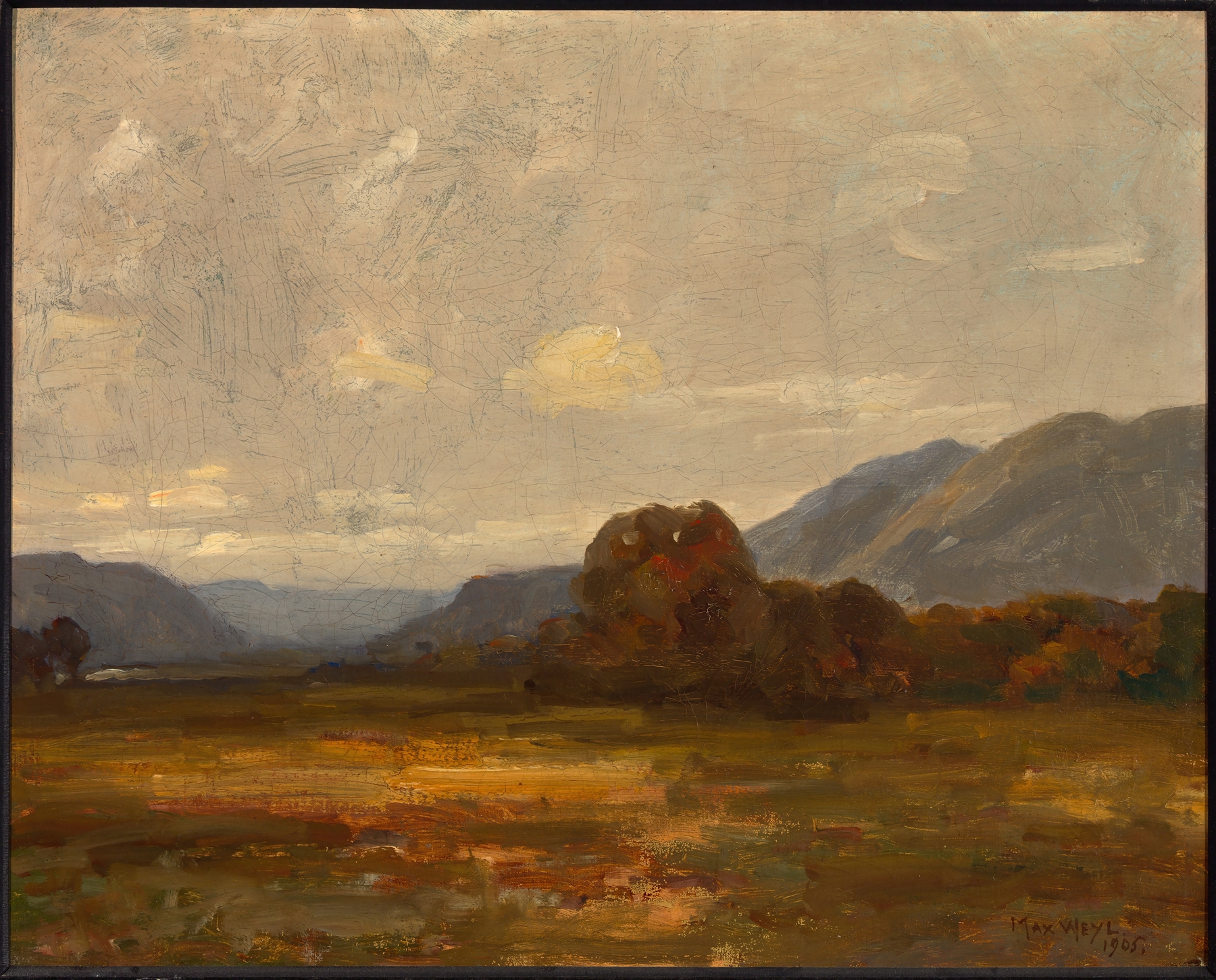 Landscape by Max Weyl, oil on canvas, featuring a stream and trees with dappled light
