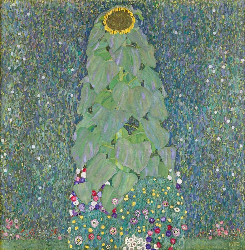 Gustav Klimt's 'Sunflowers' features vibrant flowers in a decorative style.