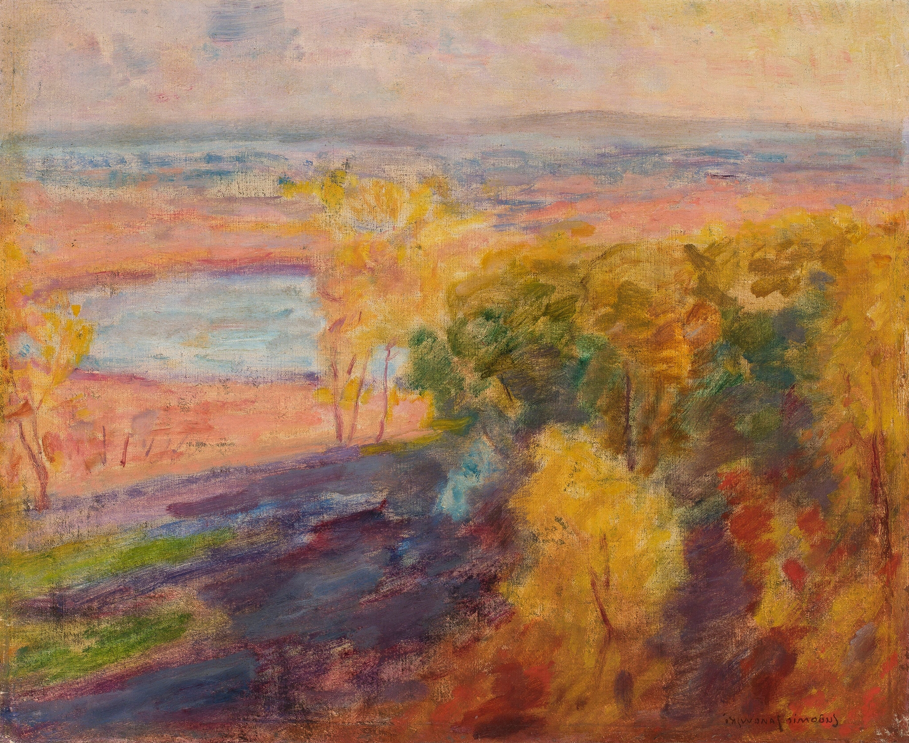 Valley of the Pilica River by Ludomir Janowski, oil painting depicting a tranquil river landscape.