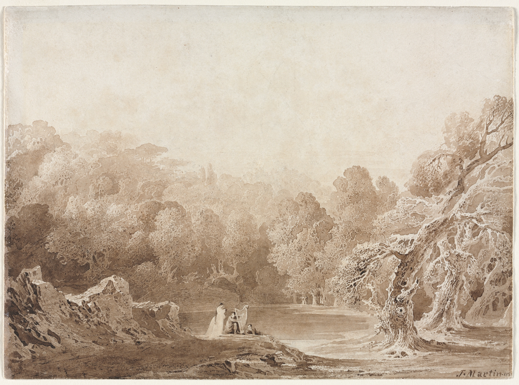 A Man Playing a Harp with other Figures beside a Lake, by John Martin, public domain