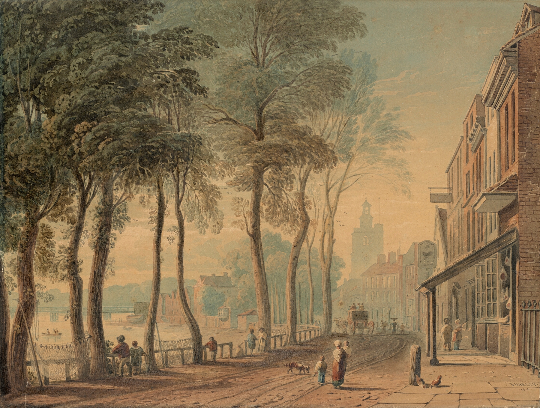 Landscape depicting the Thames river in Cheyne Walk, Chelsea by John Varley, oil painting