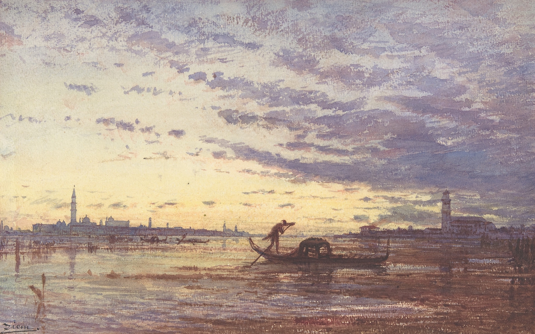 Venice landscape by Félix Ziem, oil on canvas depicting a canal with sunlight reflections.