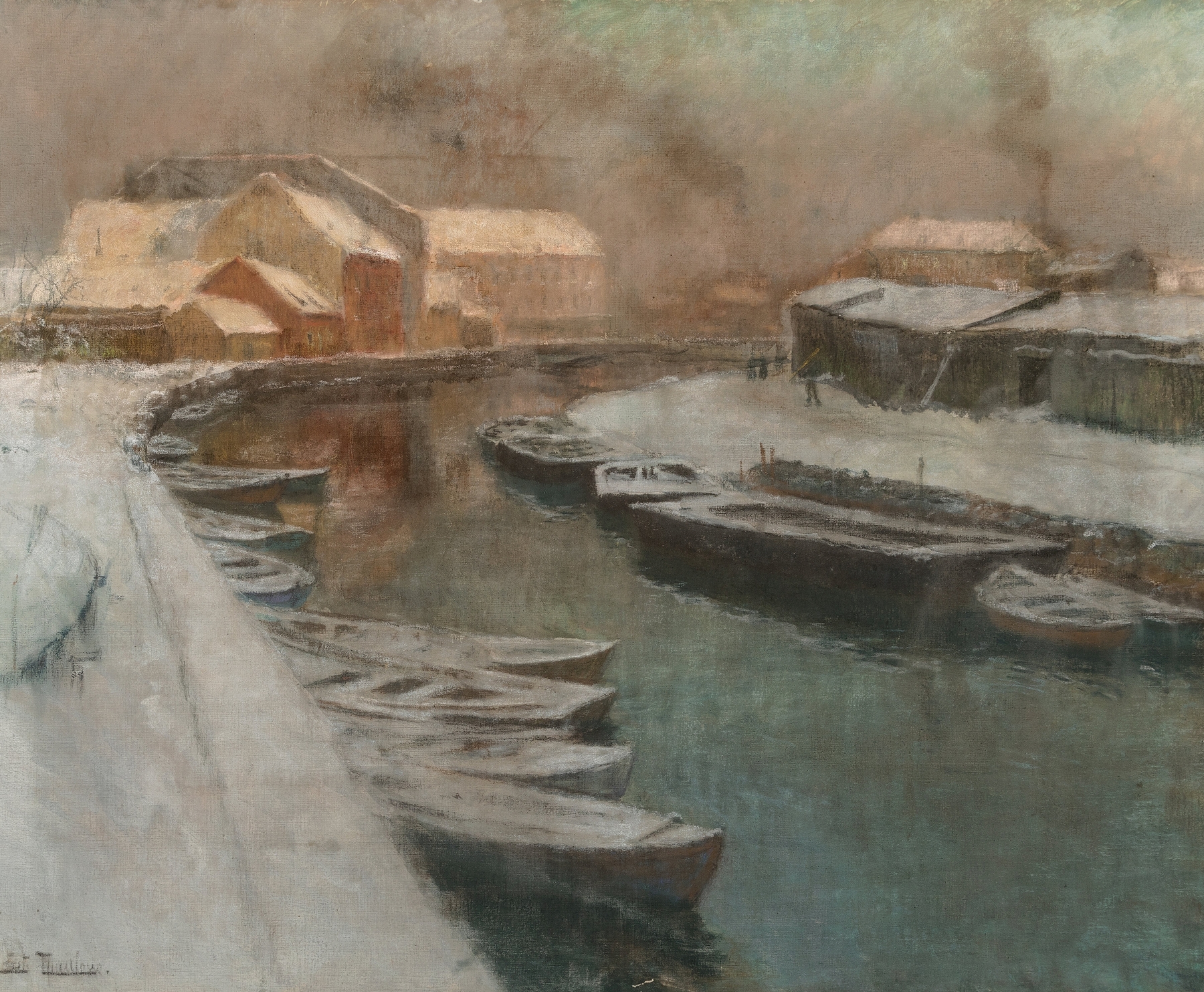 Winter landscape with a canal, snow, and reflections by Frits Thaulow, oil painting.