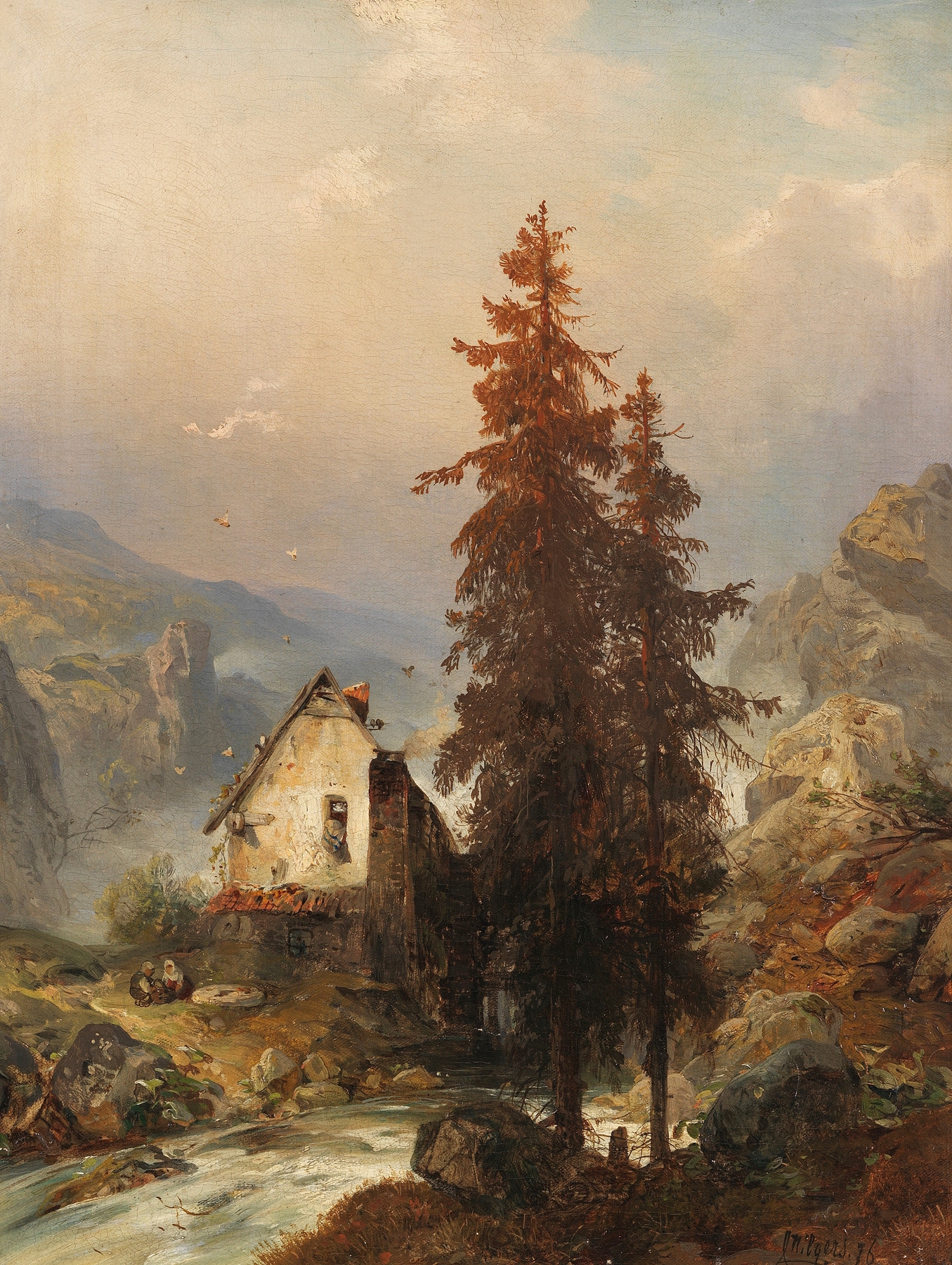 Landscape featuring a mill surrounded by hills and sunlight, oil painting by Carl Hilgers