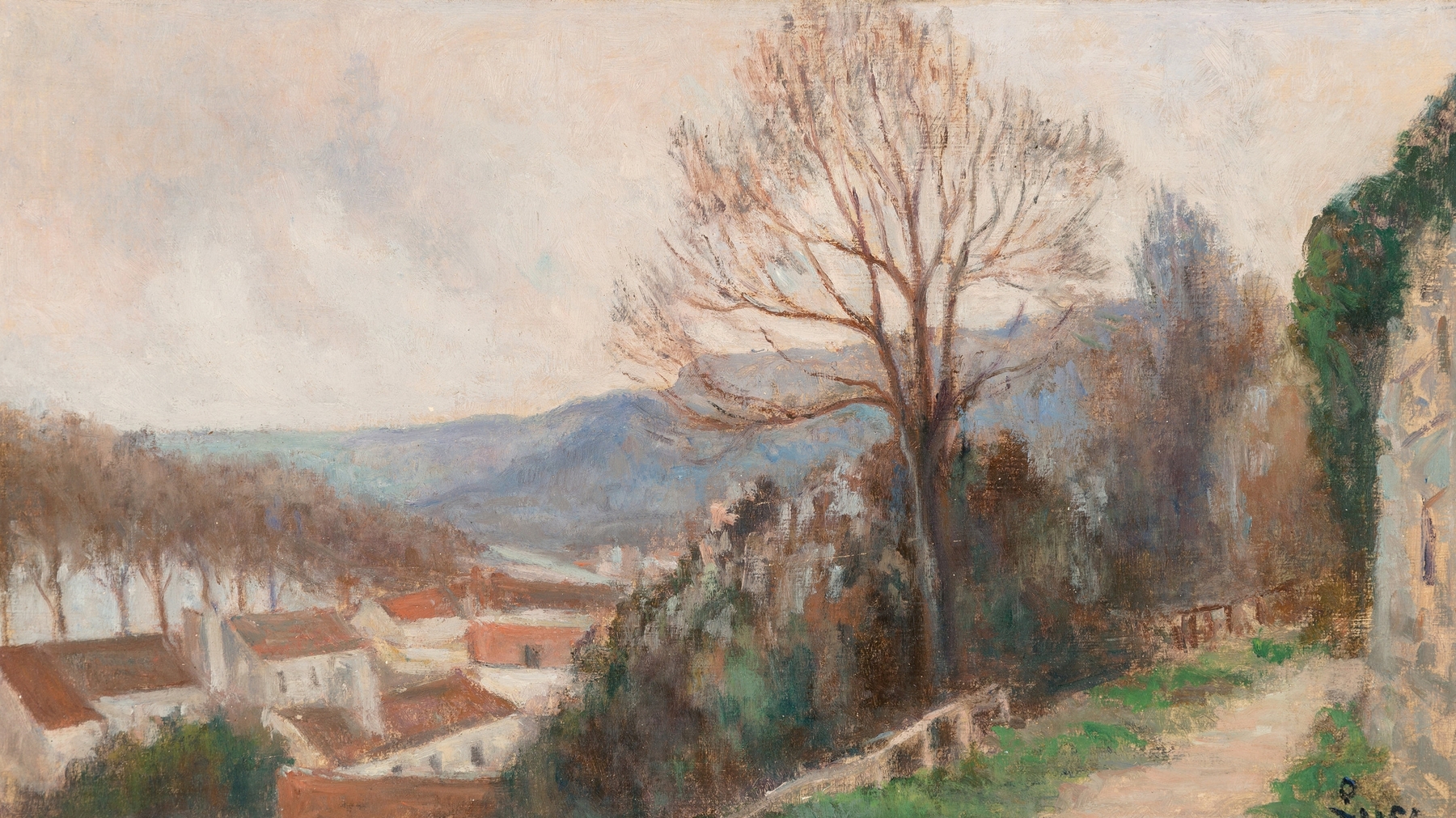La Seine vue des hauteurs de Rolleboise by Maximilien Luce, oil painting depicting a vibrant river landscape.