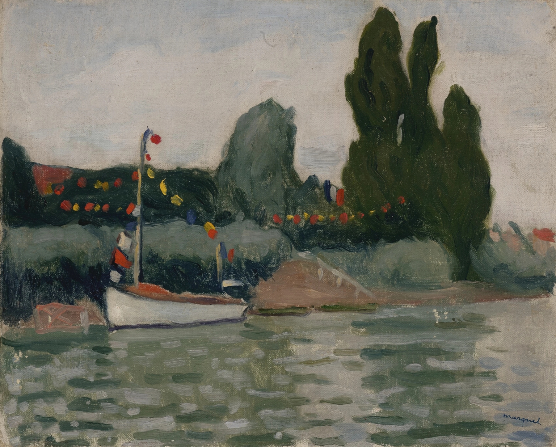 Poissy, bateau pavoisé by Albert Marquet, oil painting depicting a river scene with a boat and pastel sky.