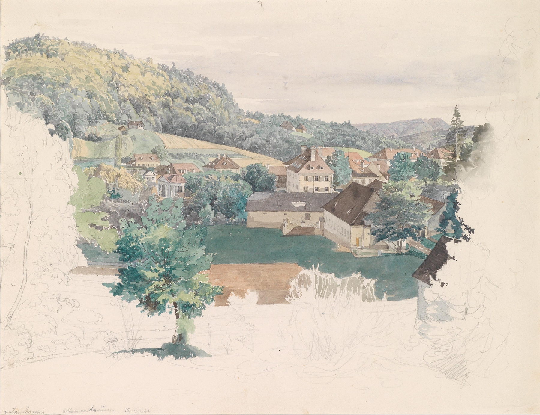 Landscape watercolor by Johann Nepomuk Passini depicting hills and nature.