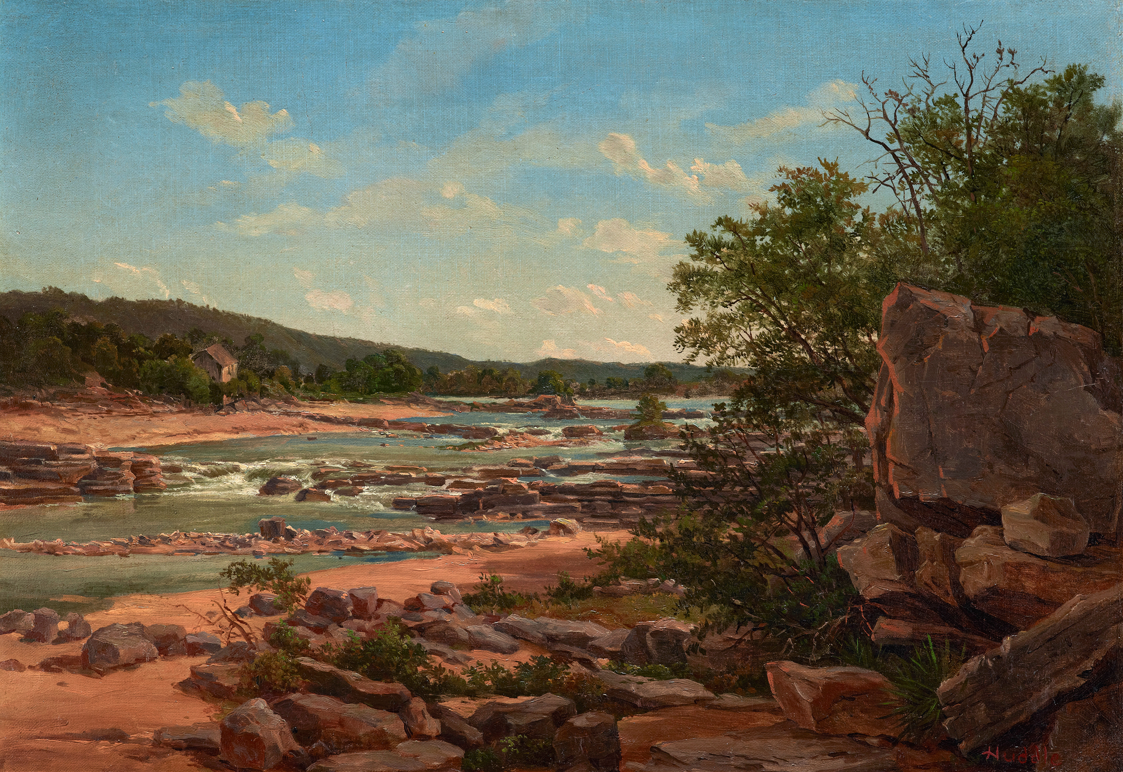 Marble Falls by William Henry Huddle, oil on canvas depicting abandoned structures in a landscape.