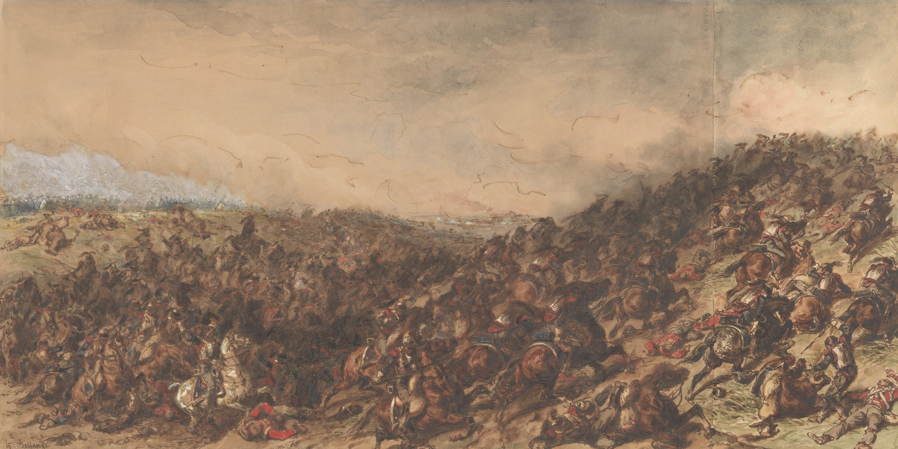 Battle Scene (Waterloo) oil painting by Hippolyte Bellangé depicting soldiers amidst chaos and smoke.