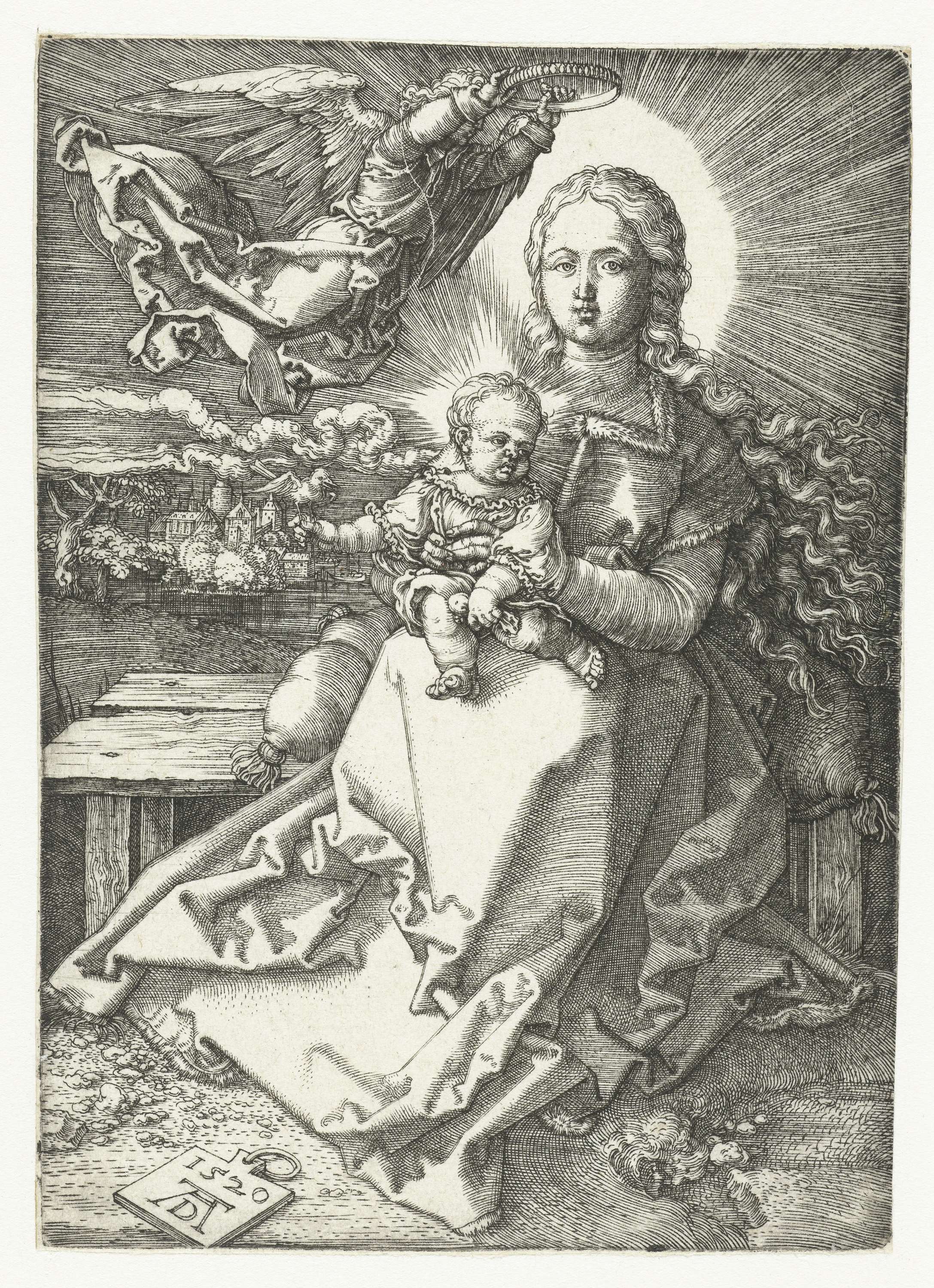 Engraving by Albrecht Dürer depicting a crowned figure with a child and an angel.