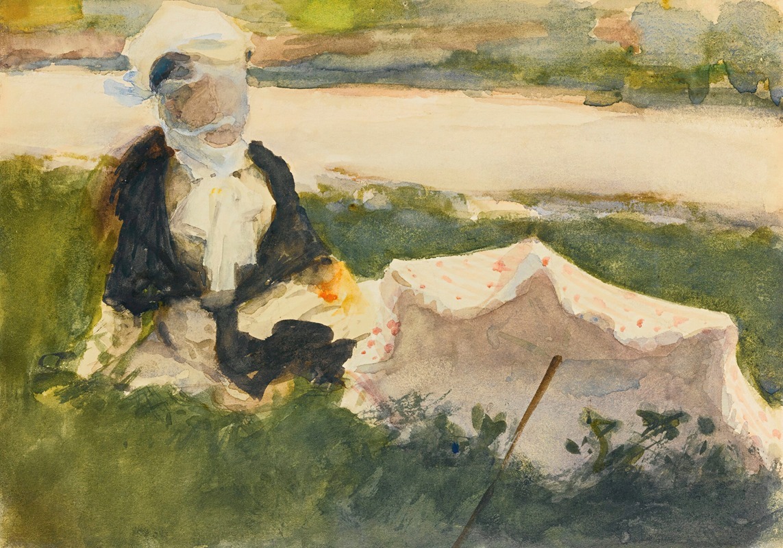 A woman holding a parasol in a sunlit landscape.