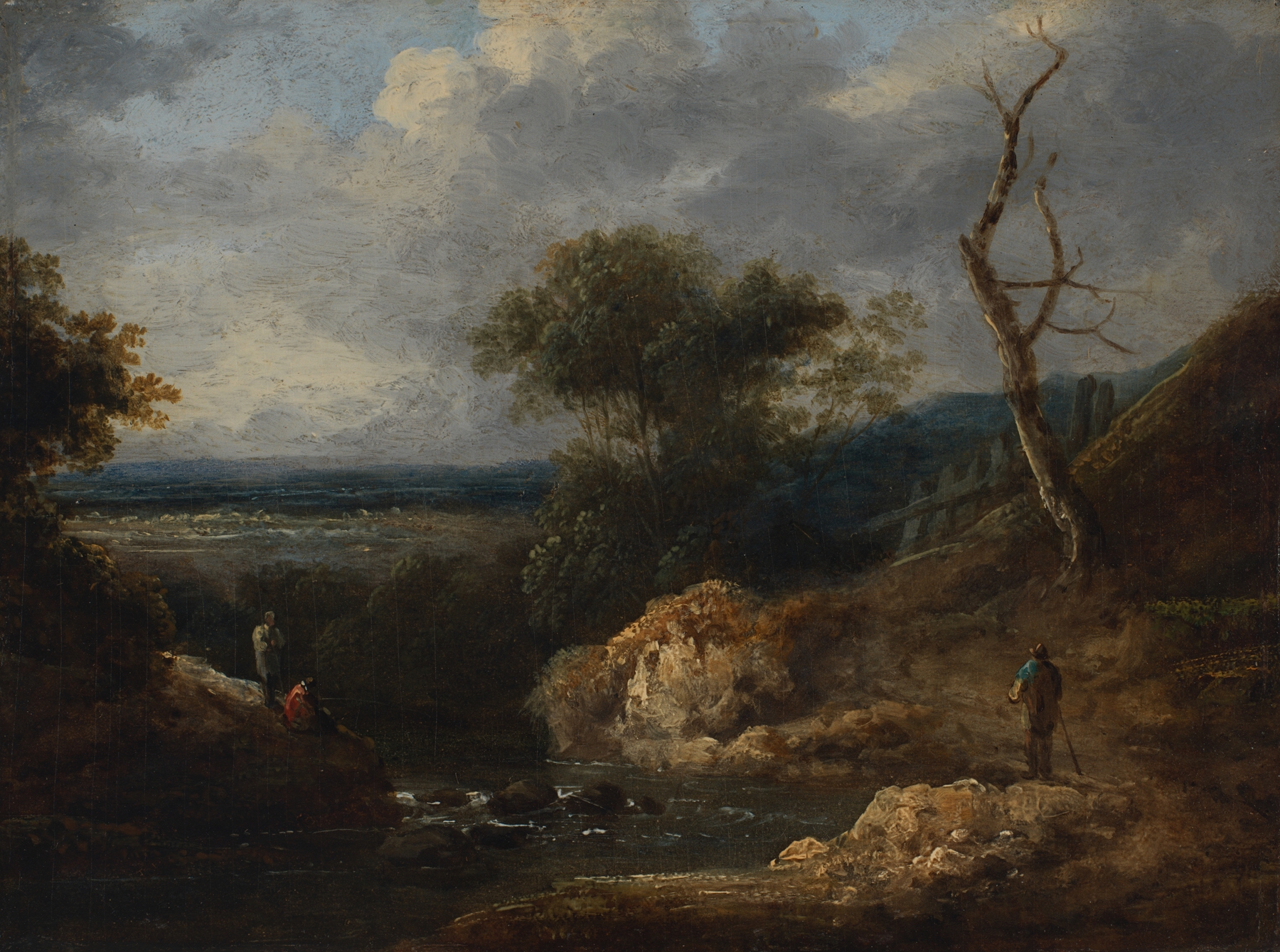 Small Landscape by Thomas Barker, oil on canvas depicting a lush meadow with trees and dappled light.