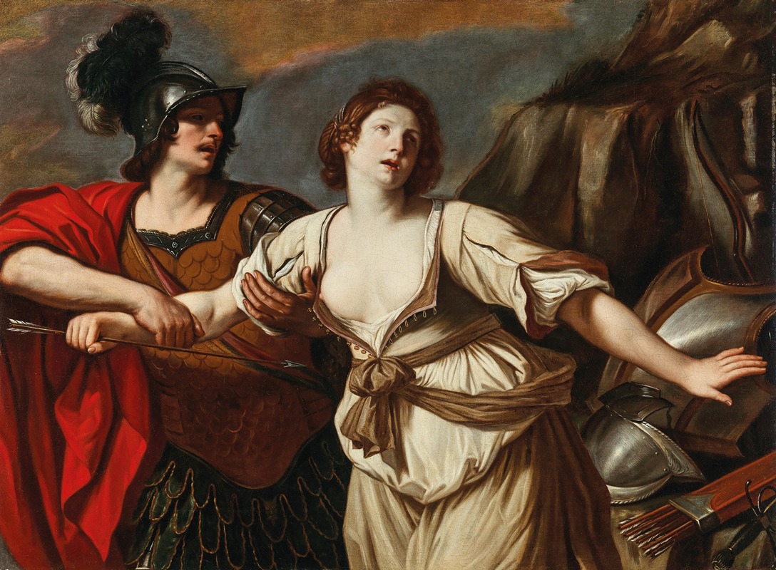 Guercino's 'Rinaldo ed Armida' depicts a dramatic moment from the epic poem 'Jerusalem Delivered'.