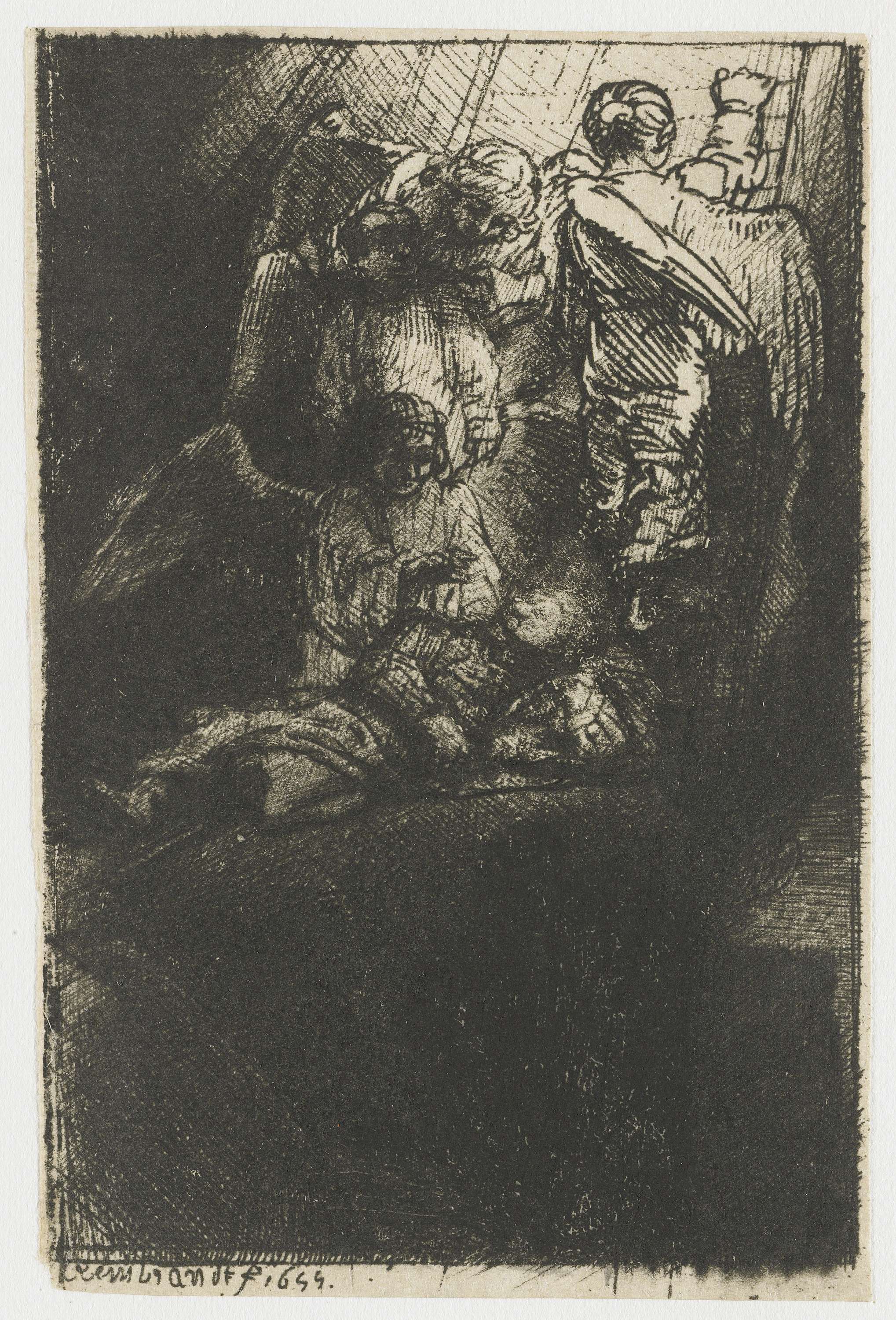 Etching by Rembrandt van Rijn depicting Jacob and angels illuminated by divine light.