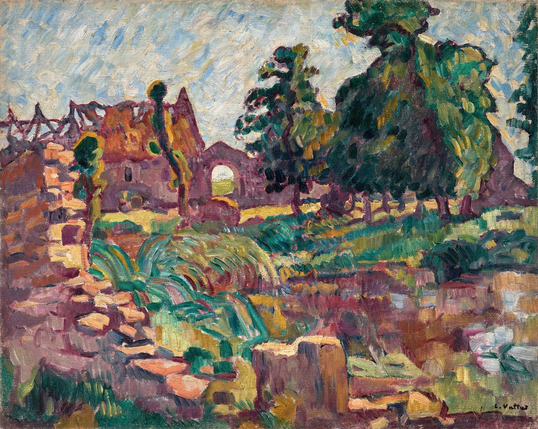 L’Abbaye en Normandie by Louis Valtat, oil painting depicting an abbey under a blue sky