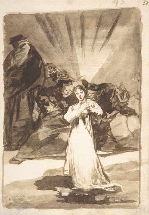A radiant female figure is surrounded by dark spirits in this dramatic composition.