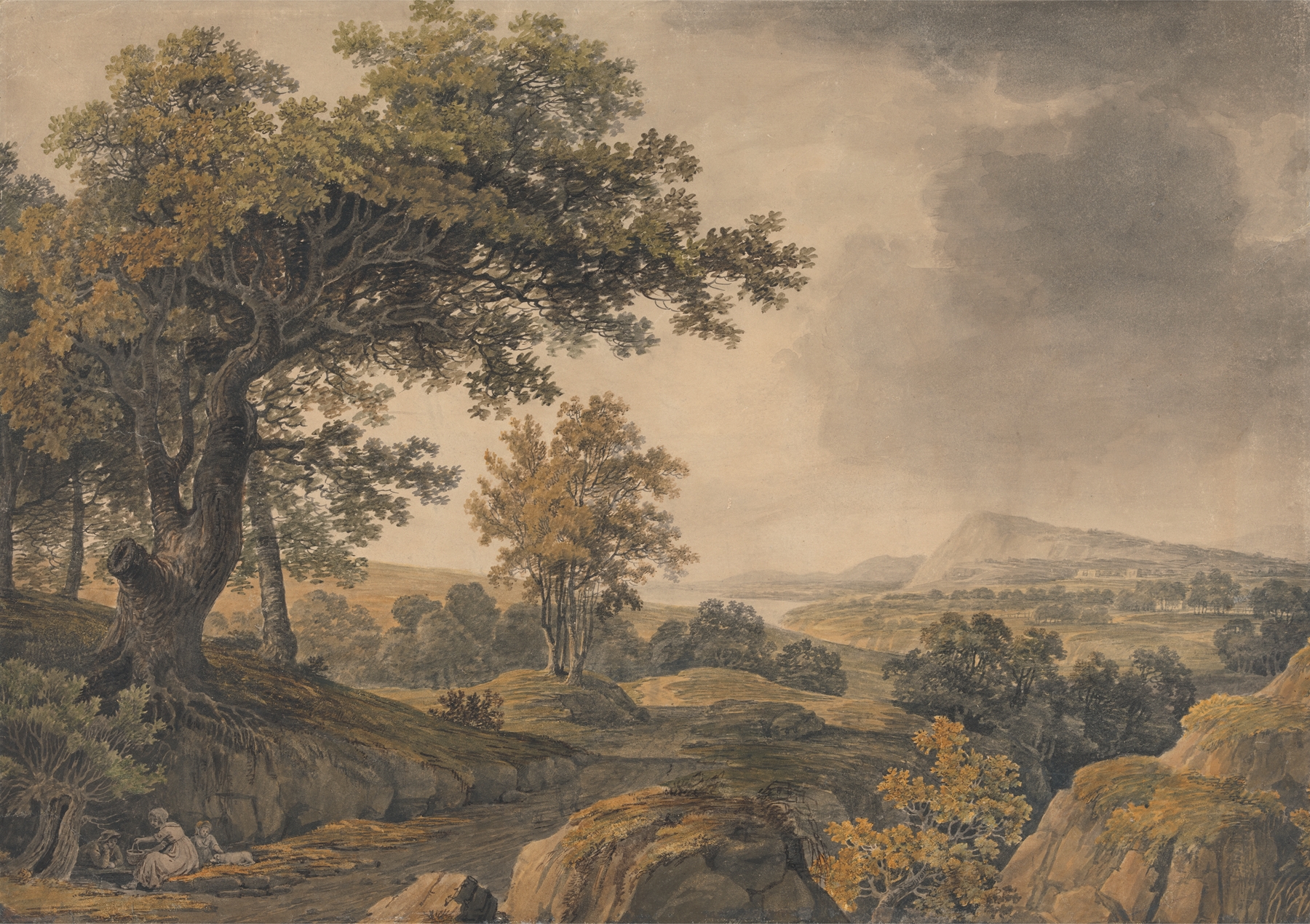 Extensive wooded landscape with figures in foreground left, oil on canvas by James Baynes