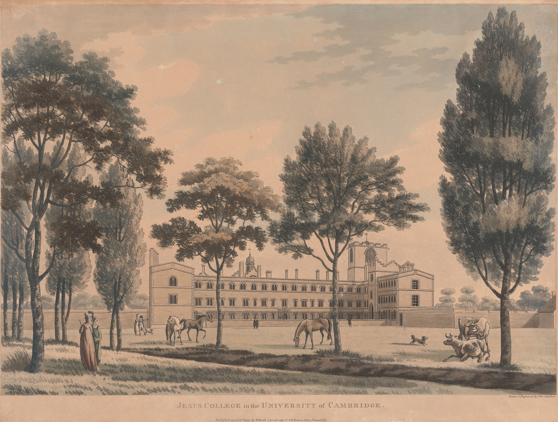 Watercolour by Thomas Malton the Younger depicting intricate architecture of Cambridge University; Jesus College.