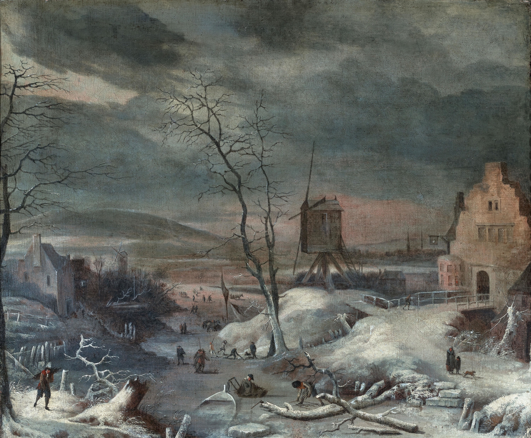 Winter landscape oil painting by Jan Griffier featuring snow-covered trees and a serene horizon.