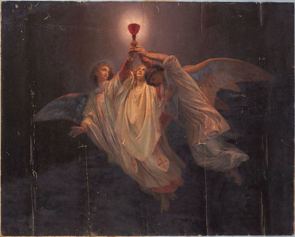 The Holy Grail, oil painting by Johannes Adam Simon Oertel, depicts a knight gazing at the grail.