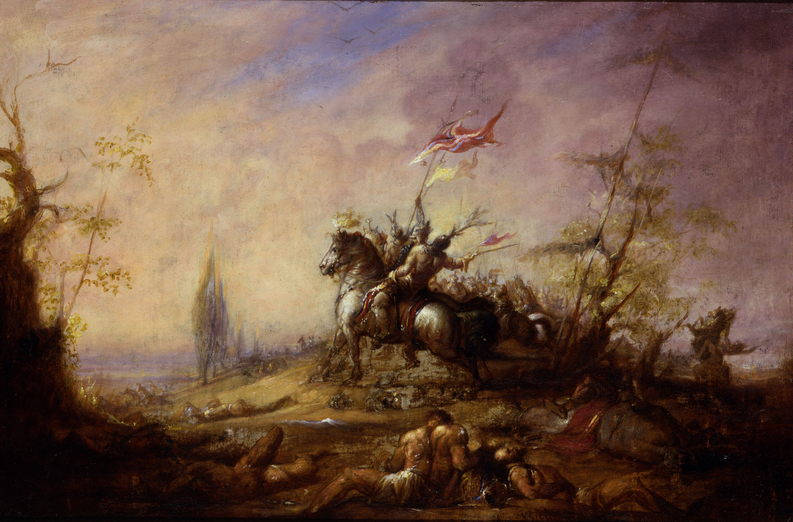 Historical oil on cardboard by William Rimmer depicting dynamic figures in a battle scene.