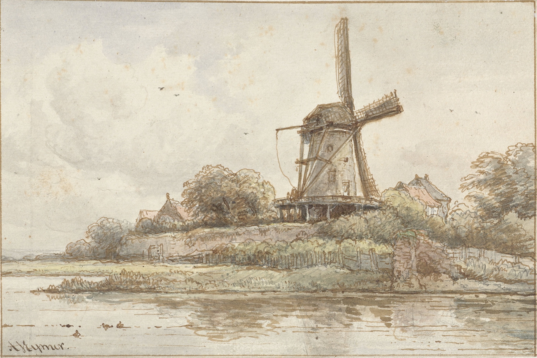 Landscape with a windmill against the sky by Arnoldus Johannes Eymer, oil painting