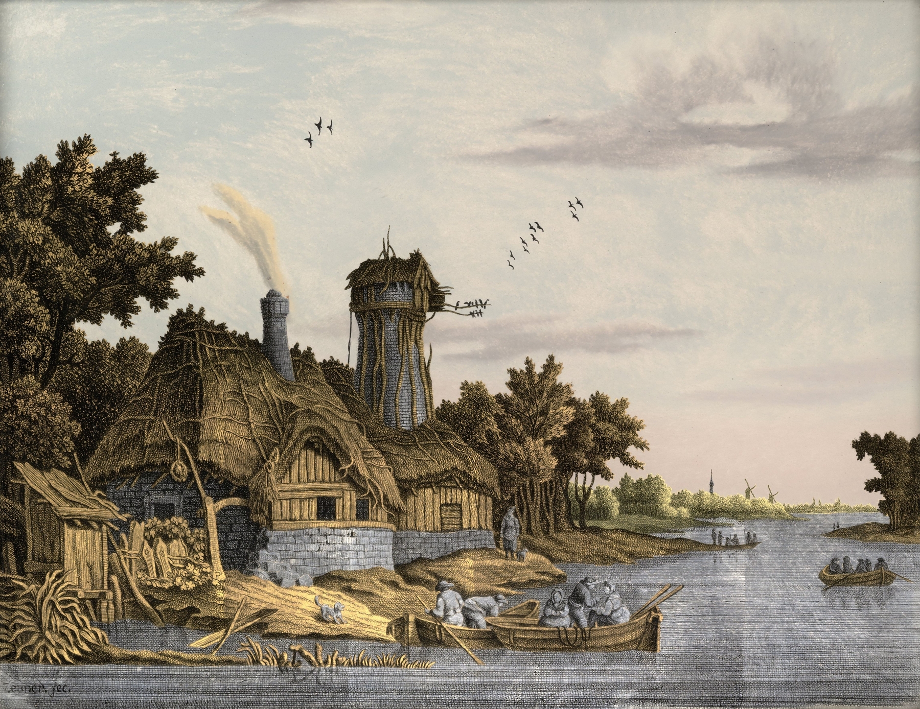 Oil painting by Jonas Zeuner depicting a river, mill, and trees