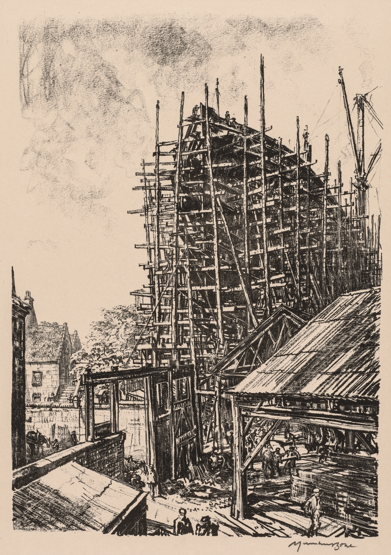 On the Clyde, 1917-1918; Building a Liner at Greenock, by Muirhead Bone, public domain
