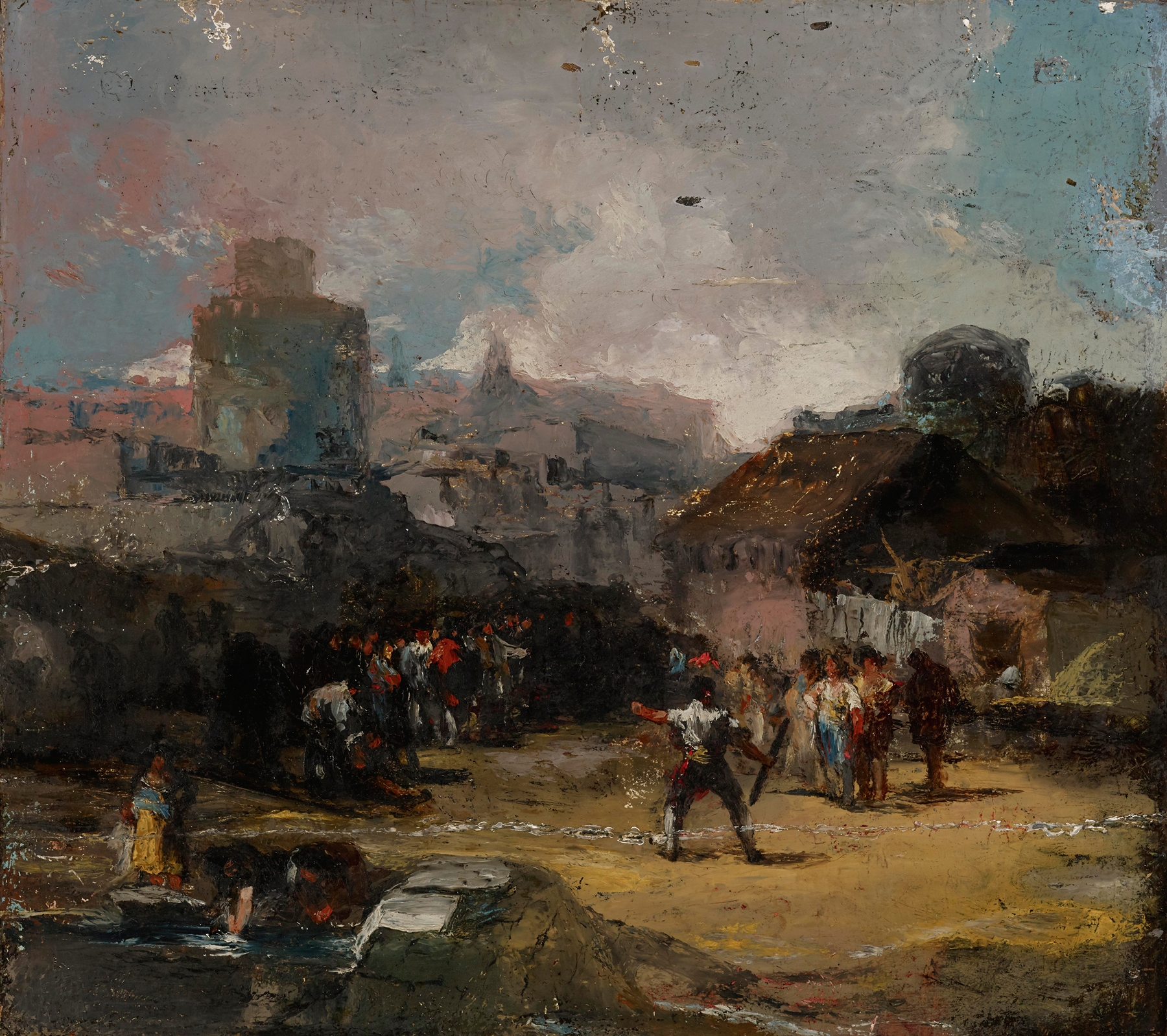 El Juego de Barras by Eugenio Lucas Velázquez, oil painting depicting dynamic figures and a color swirl.