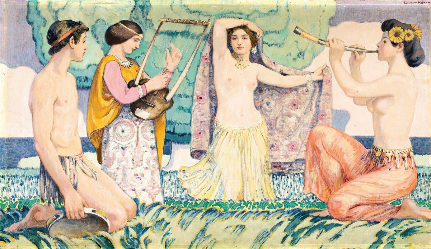 Ludwig von Hofmann's 'Arcadian idyll' captures a serene mythological scene.