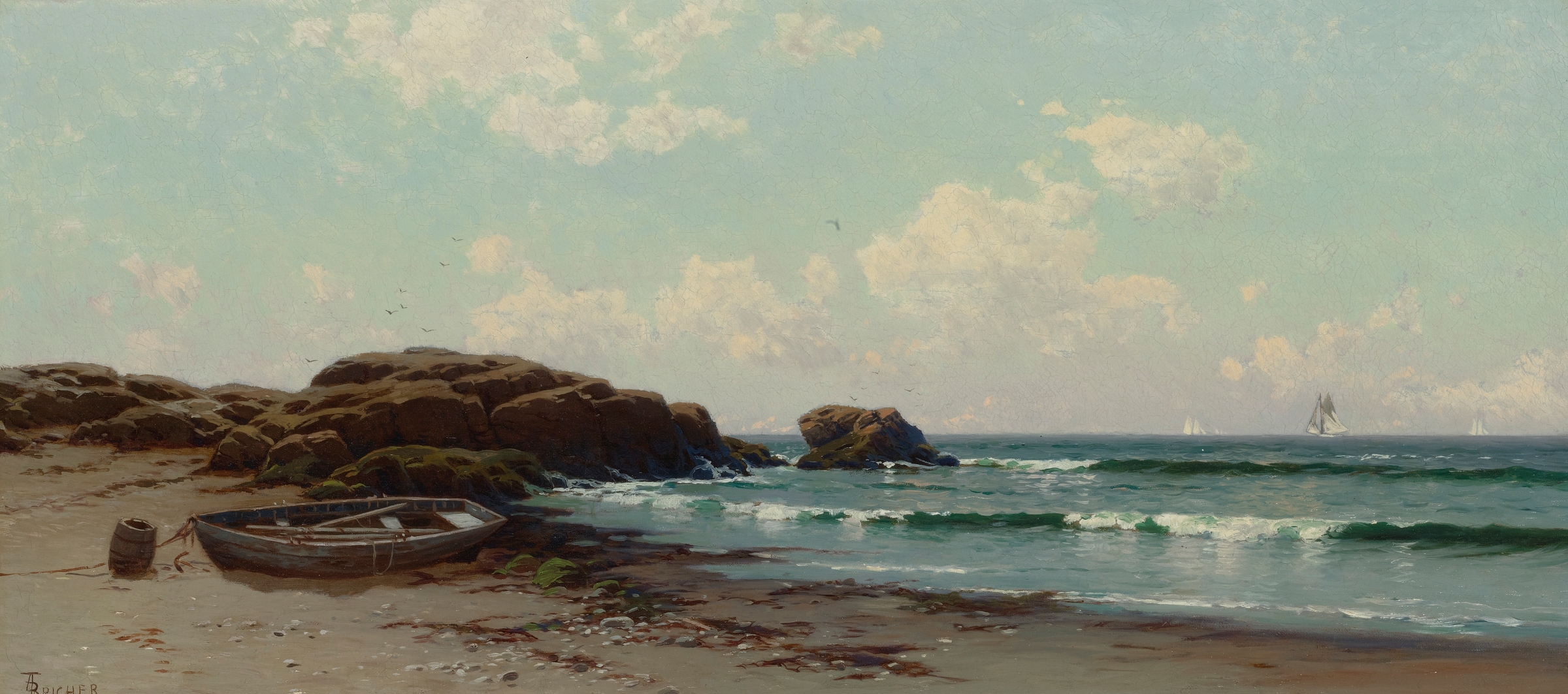 Marine scene with rolling waves and a serene shore by Alfred Thompson Bricher, oil painting