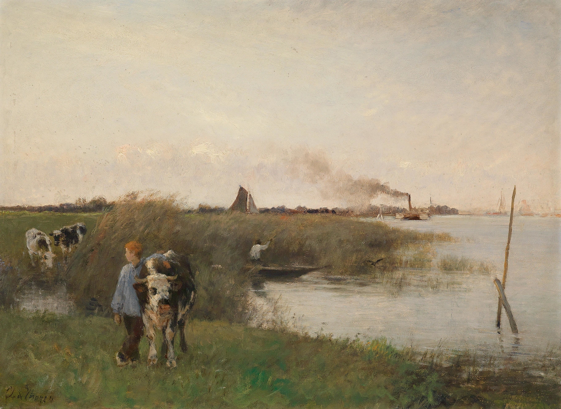 Idyllische Flusslandschaft by Otto von Thoren, oil on canvas depicting a serene river landscape.