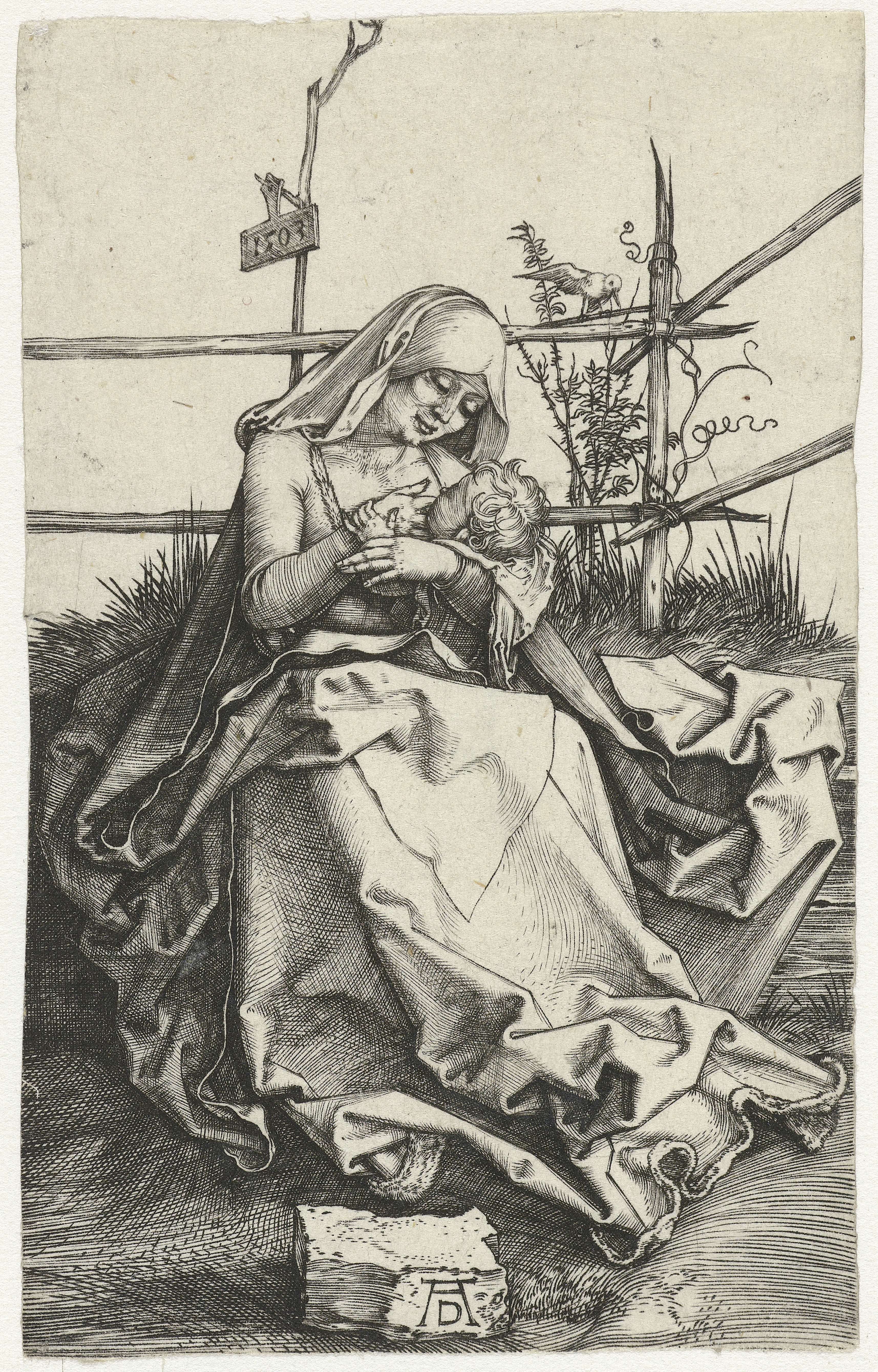 Engraving by Albrecht Dürer depicting Mary cradling child by a rustic fence