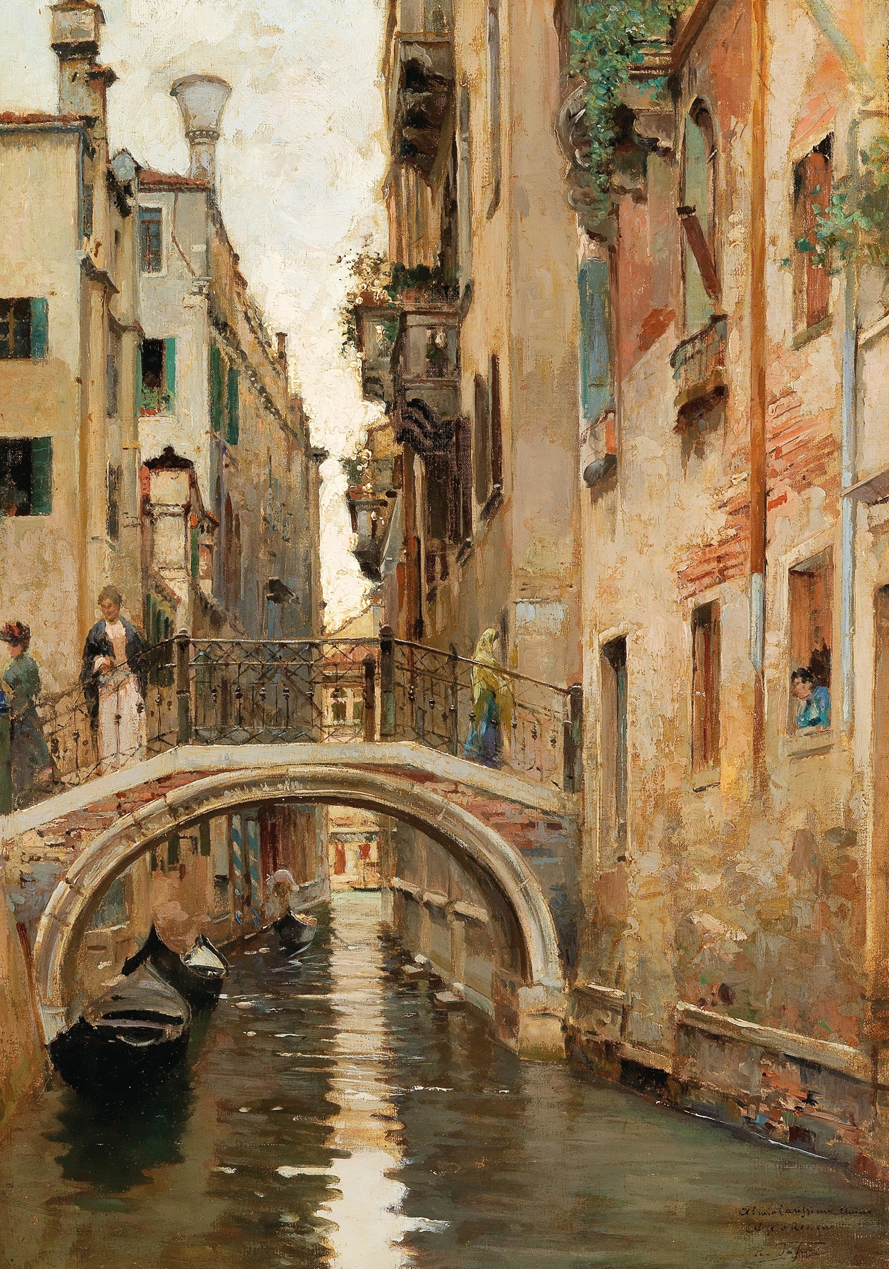 Oil painting by Raffaele Tafuri depicting a canal in Venice at twilight