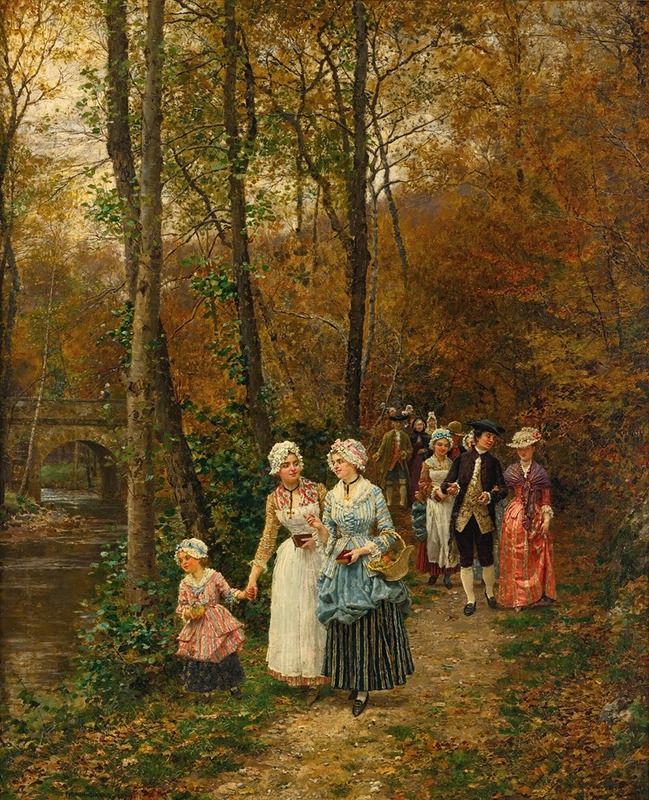 A depiction of a religious scene with figures returning from mass.