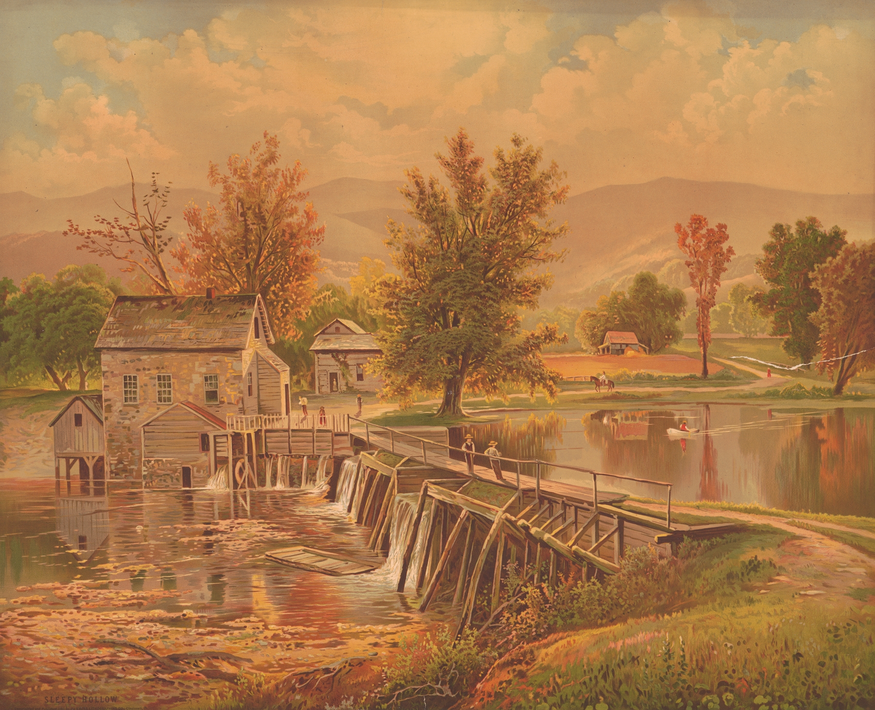 Lithograph by Krebs Lith. Co depicting tranquil waters and rolling hills