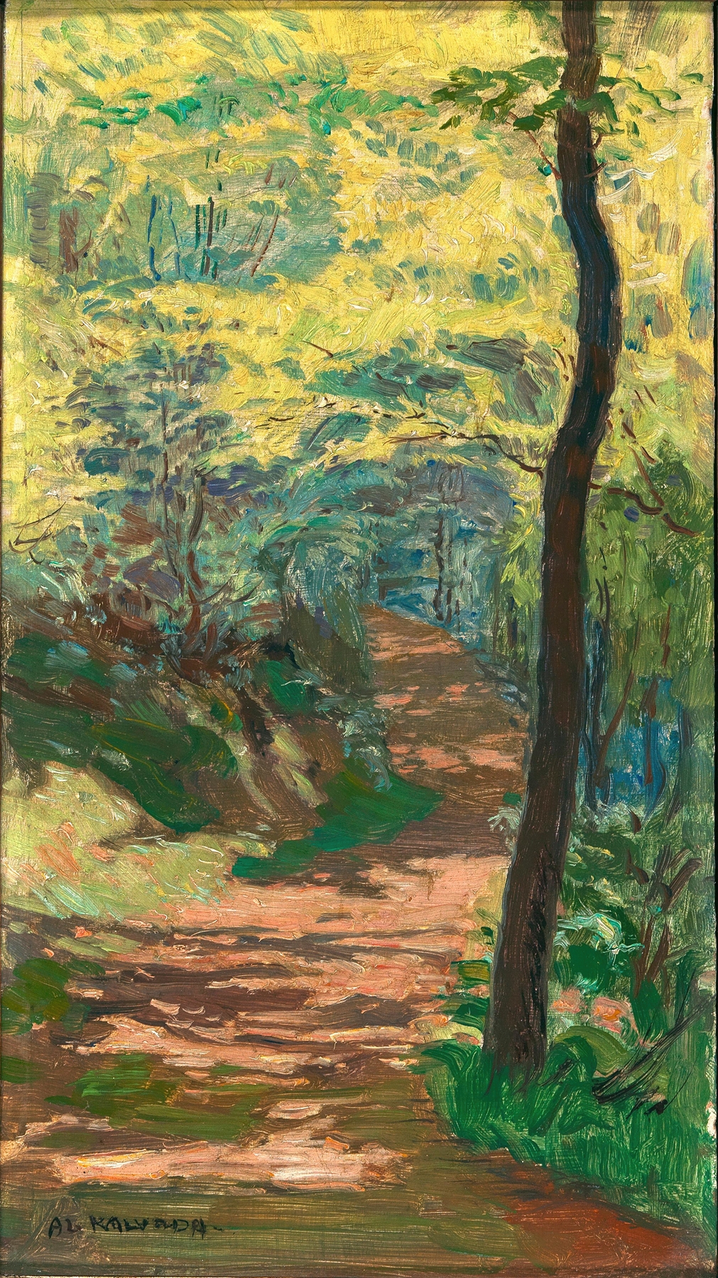 A Forest Path near Krivolat, oil on canvas by Alois Kalvoda, depicting a tranquil forest scene.