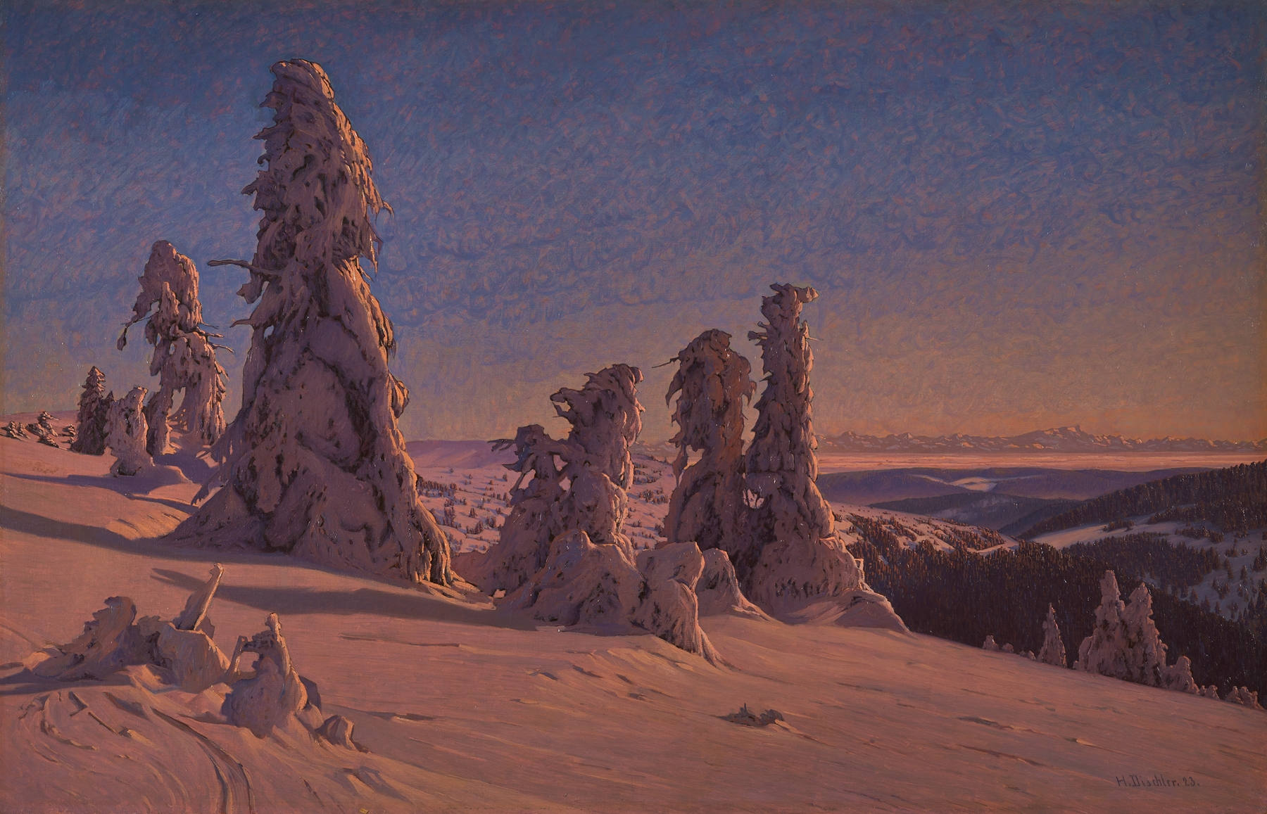 Frozen Fir Trees on the Feldberg by Hermann Dischler, oil on canvas depicting winter landscape with fir trees and snow.