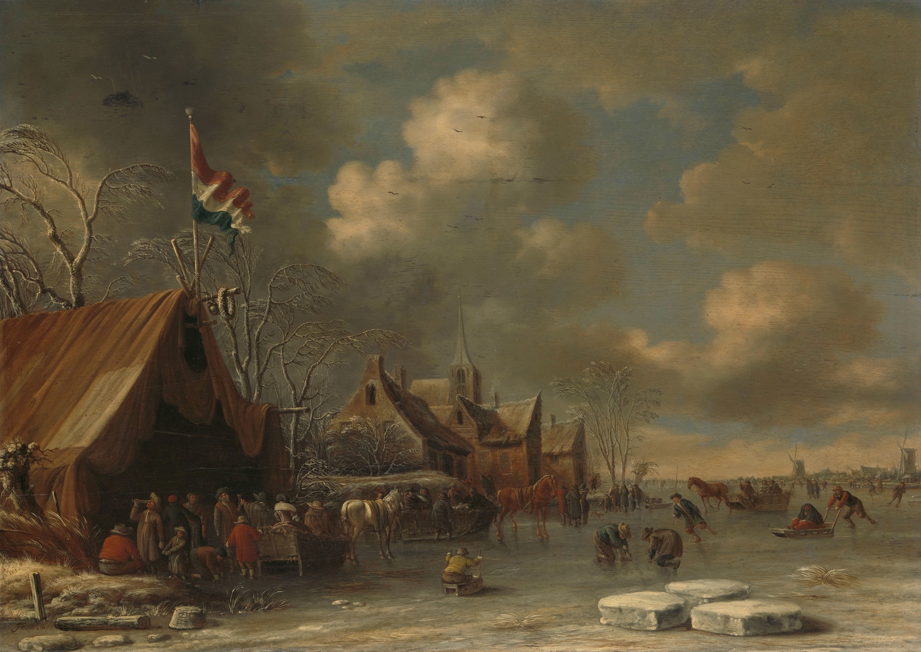 Skaters on ice in Enjoying the Ice, oil on canvas by Thomas Heeremans
