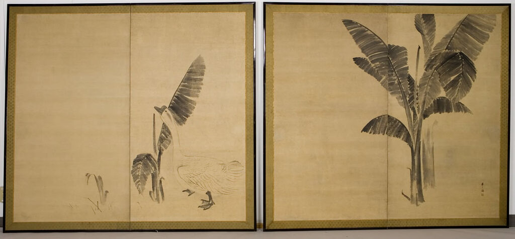 Banana leaves and geese on folding screens, ink on paper by Maruyama Ōkyo