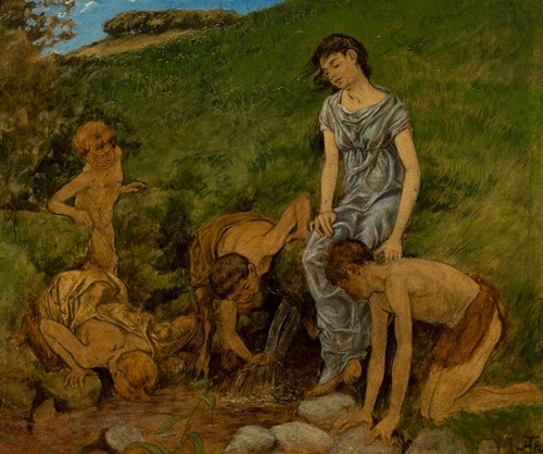A peaceful scene depicting people gathering around a spring well.