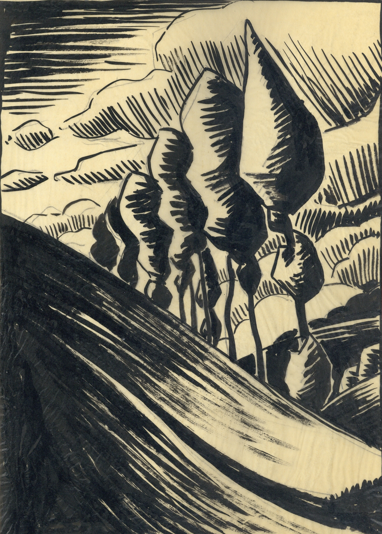 Surreal landscape in ink on paper by Albert Daenens