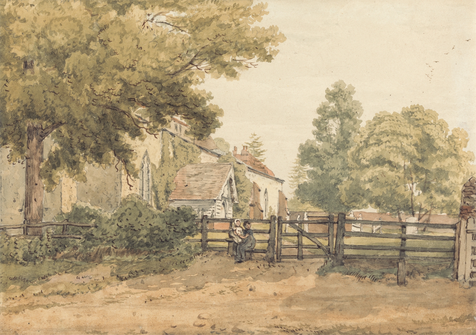 Aldenham Church by William Henry Hunt, oil painting, featuring a church at dawn surrounded by trees.