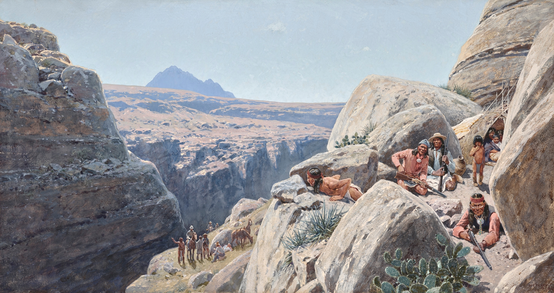 Nest of Rattlesnakes by Henry Farny, depicting coiled rattlesnakes in grass, oil painting