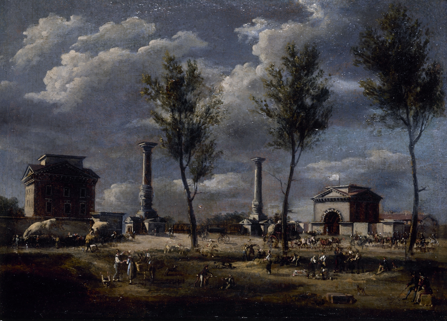Landscape with mist and figures, oil painting by unknown artist