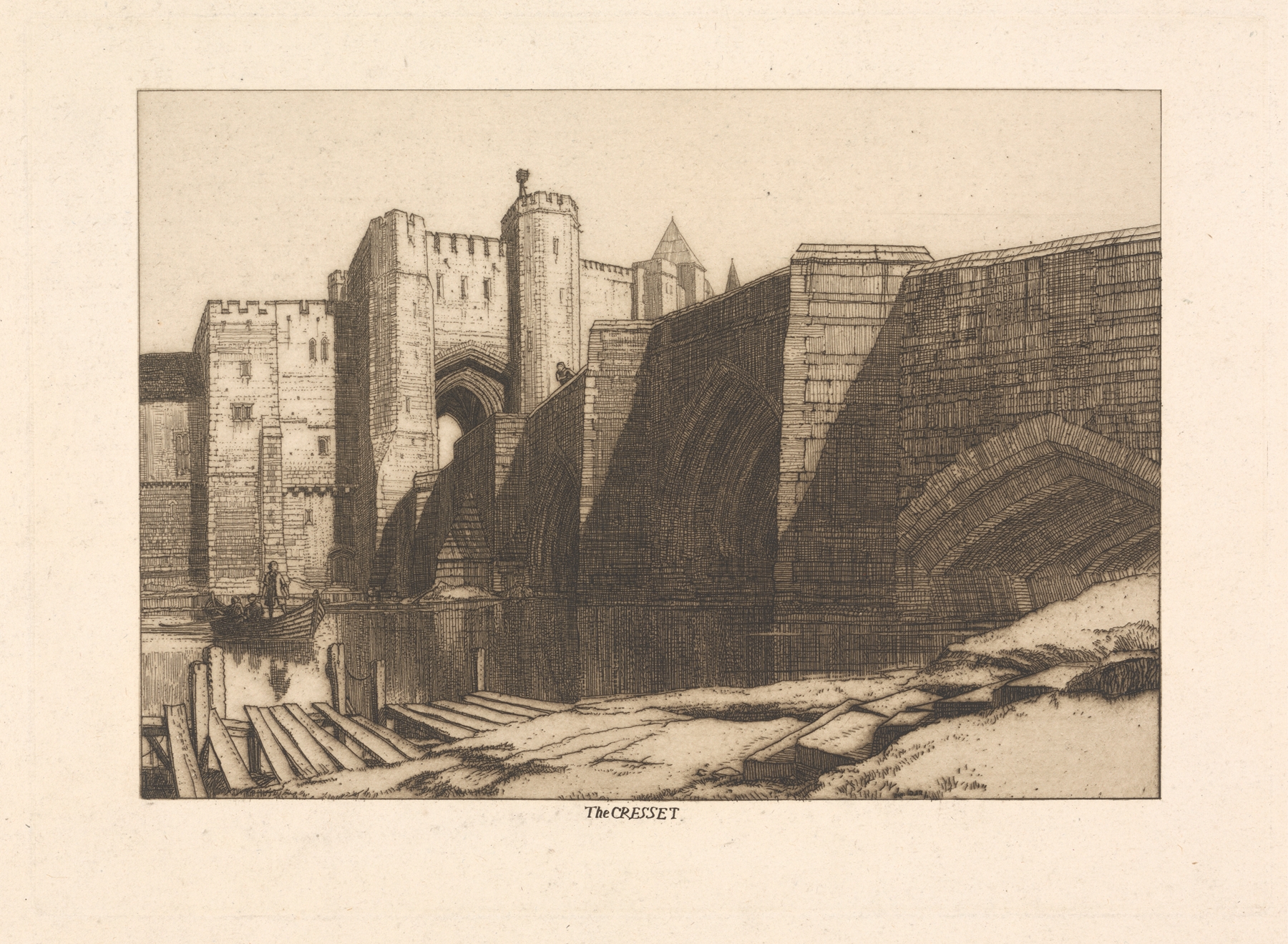 Etching by Frederick Landseer Maur Griggs depicting a flickering cresset light.