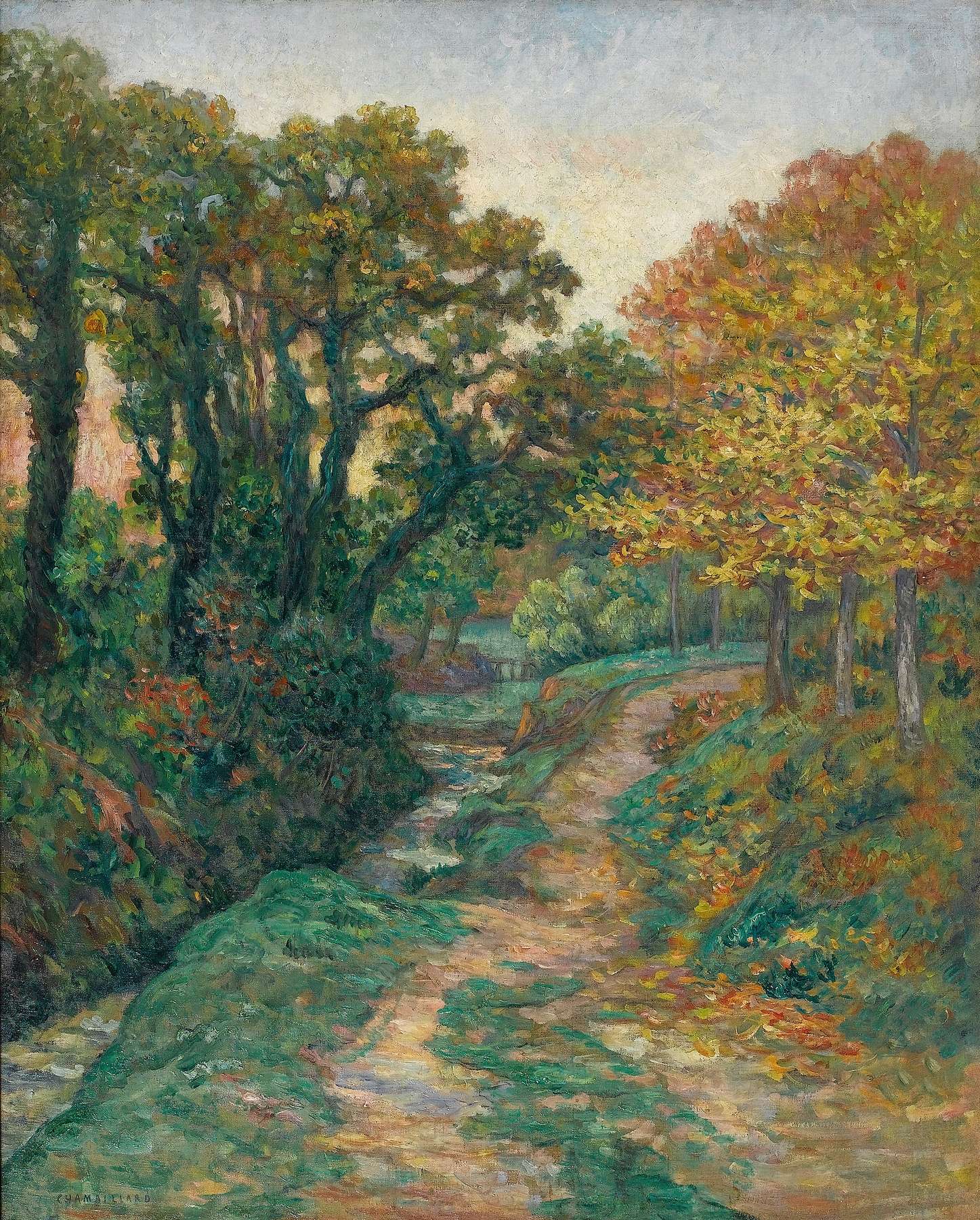 Landscape with a stream and path, oil on canvas by Ernest de Chamaillard