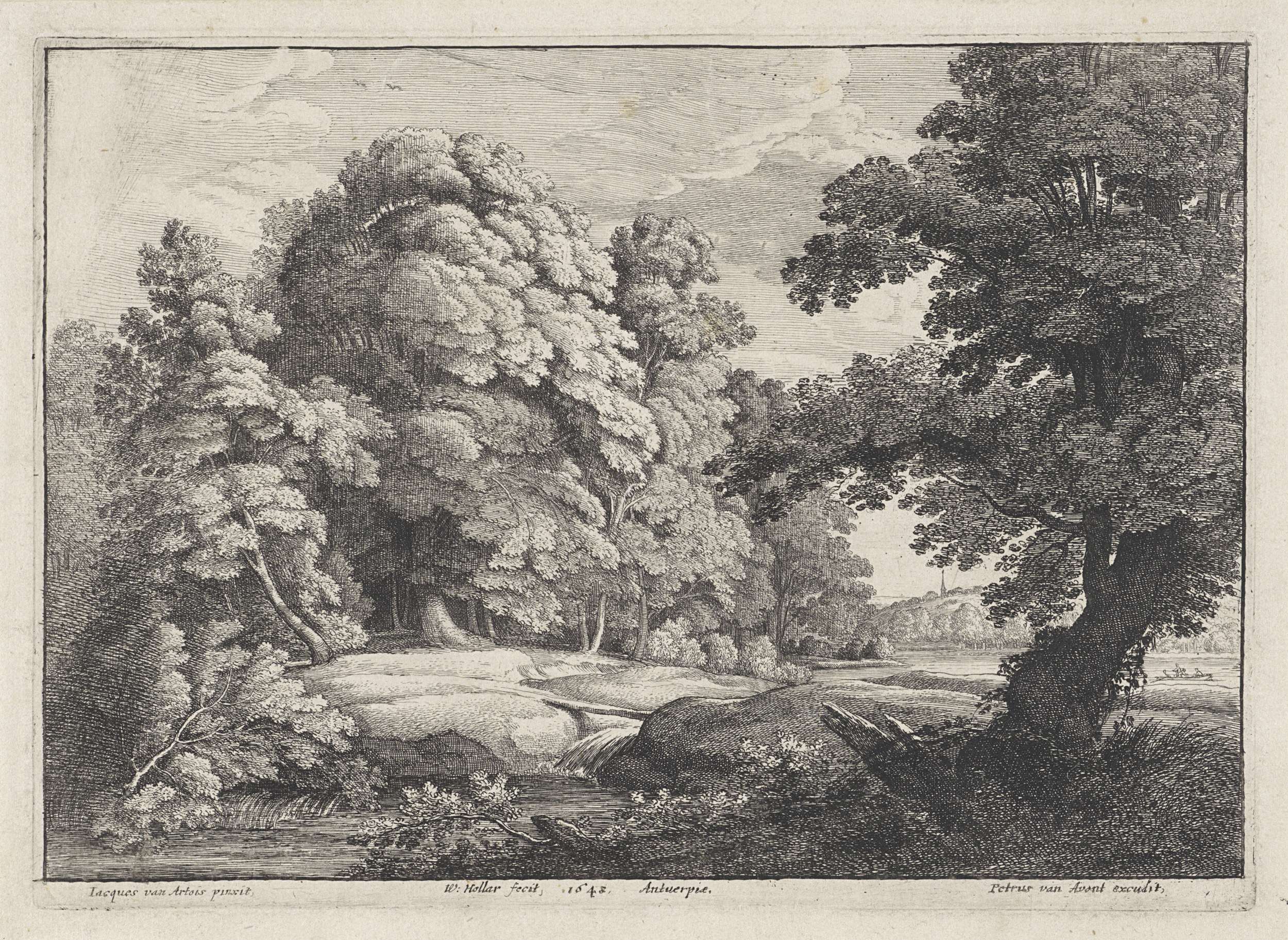 Landscape with a bridge over a flowing river, etching by Wenceslaus Hollar