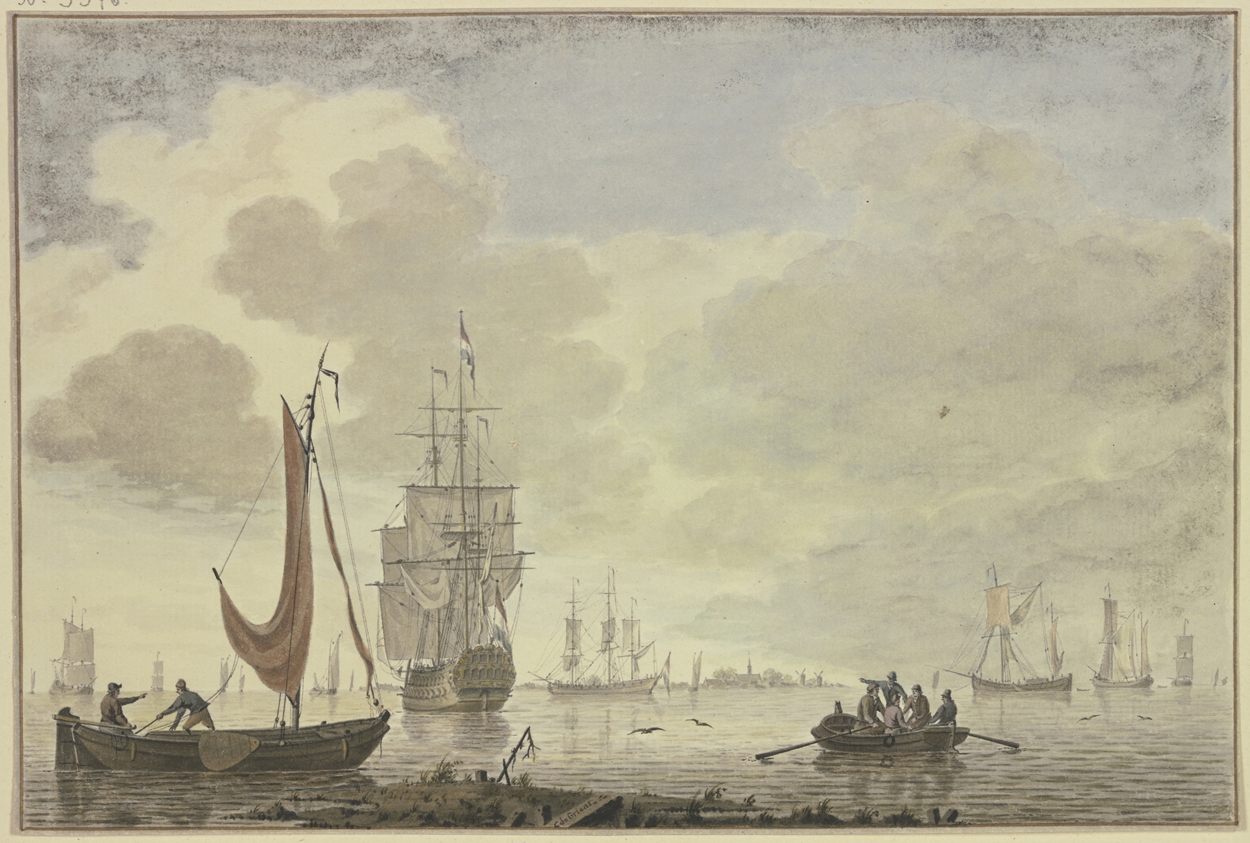 Marine scene with a rowboat and five figures by Cornelis de Grient, oil painting